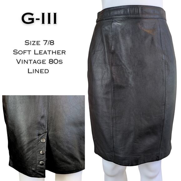 VTG 80s G-III Leather Pencil Skirt 7/8 Black Classic High Waist Back Slit Moto - Picture 1 of 8